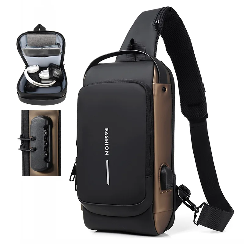 

Waterproof Patent Men Multifunction Bag Crossbody Chest Pack Male Bag Charging Men Anti-theft Travel Chest Bag Leather Bag