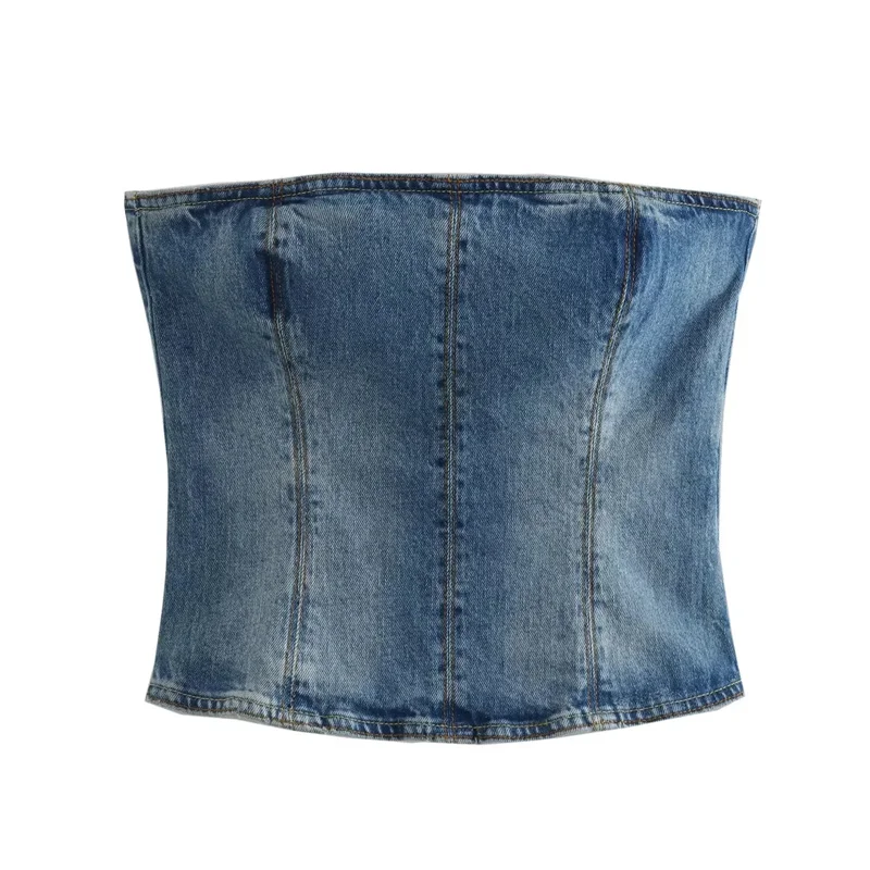 

TRAF Woman Denim Bustier 2023 Summer Mid-blue Straight-cut Neckline Visible Topstitching Exposed Shoulders High Street Outwear