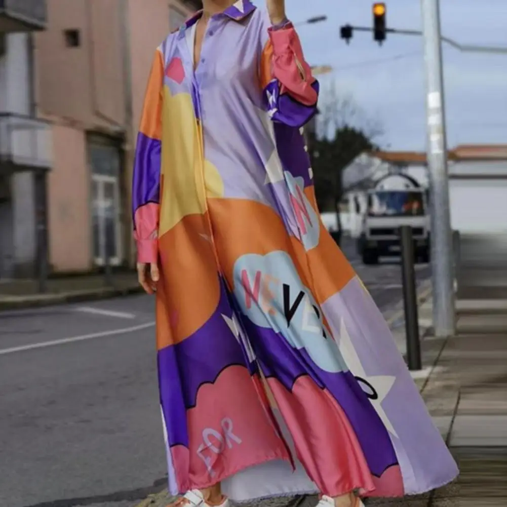

Women Dress Turn-Down Collar Long Sleeve Maxi Dress Pockets Trendy Funny Print Single Breasted Shirt Dress Ladies Clothing