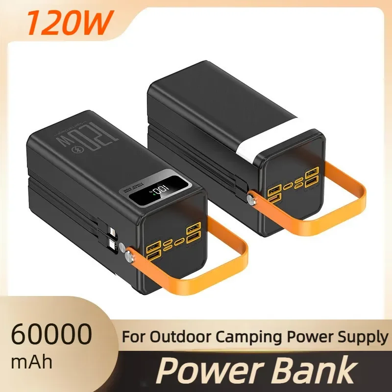 Фото Портативное зарядное устройство (Power Bank) 120 Вт с быстрой зарядкой, 60000 мАч, высокая емкость, для кемпинга, прямых трансляций и экстренных ситуаций №1