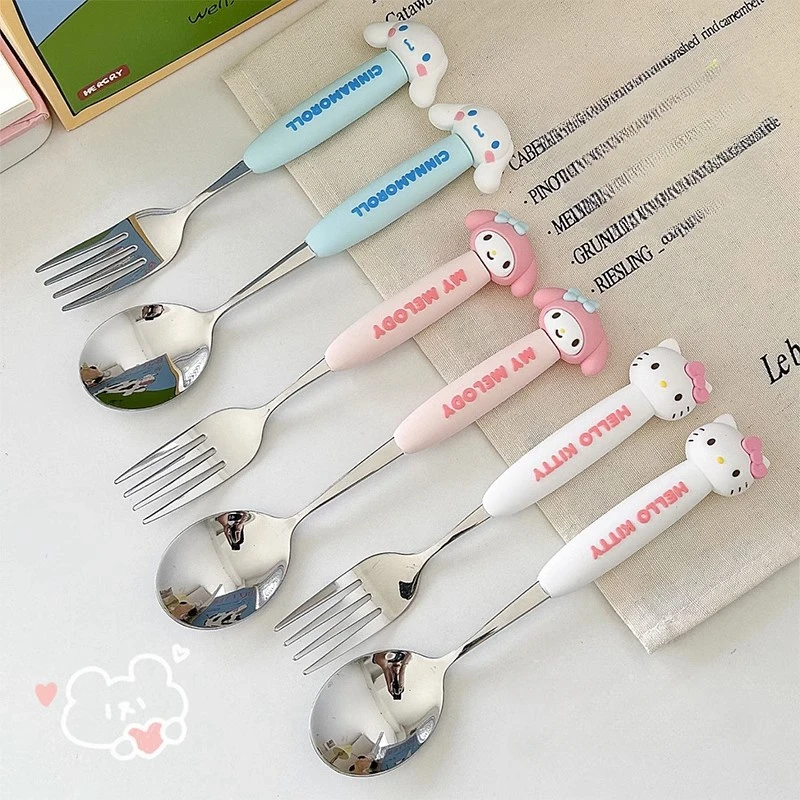 

Kawaii Sanrio Cinnamoroll HelloKitty Kids Tableware Cute Cartoon Metal Chopsticks Spoon Fork Set Anime Accessories Children Gift