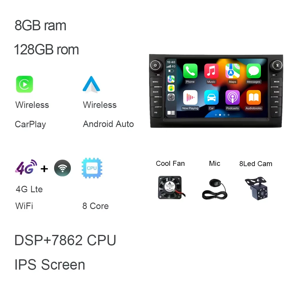 

Carplay 256 ГБ 8 ГБ 8 "DSP Android 14.0 Автомобильный Android-плеер авторадио для AUDI A4 (2002-2007) SEAT EXEO (2009-2012) S4 RS4 8E