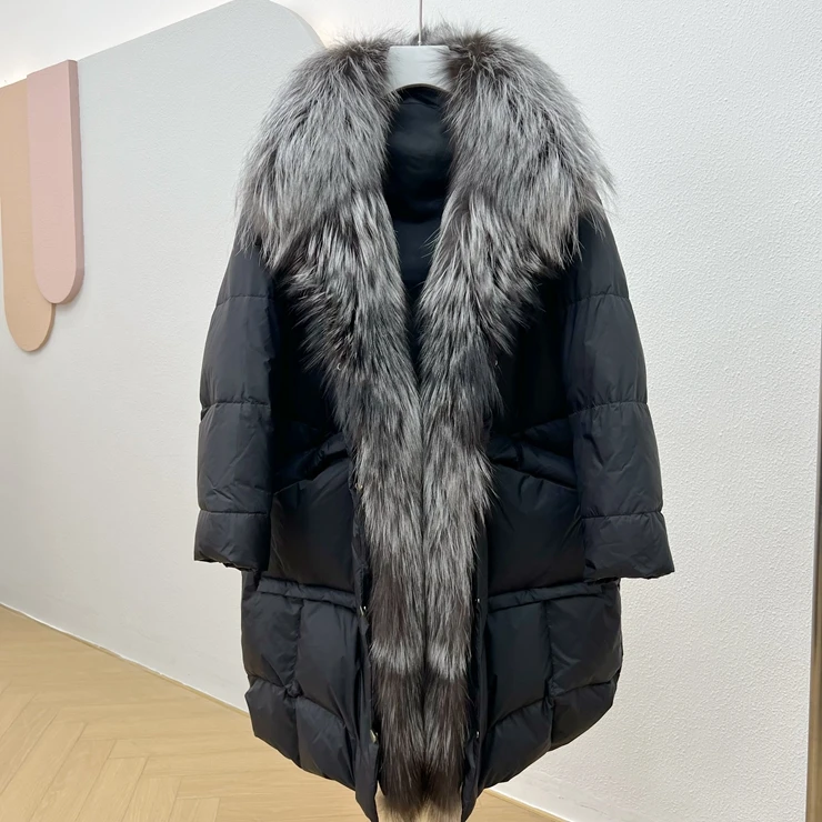 Winter Coat Women Jacket Long Thick Warm Real Fox Fur Parka White Duck Down Jacket Large Silver Fox Fur Collar Outerwear