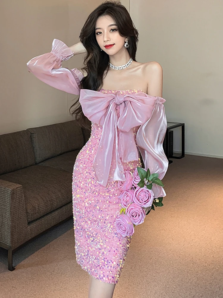 

Spring Autumn Women Evening Dress Chic Pink Sweet Sparkly Sequin Sexy Chest Wrapping Slim Midi Party Prom Birthday Mujer Vestido