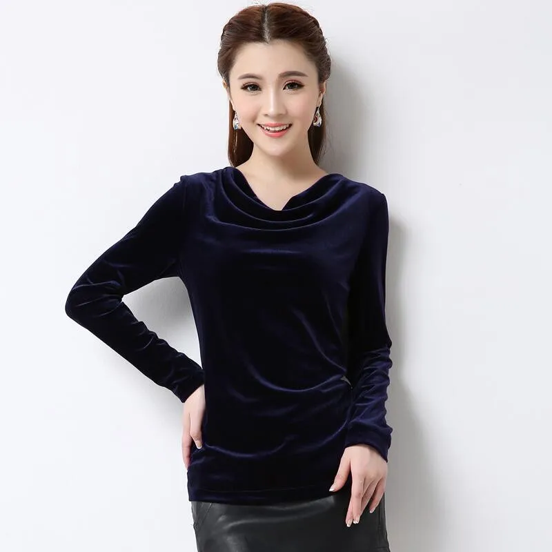 

New Autumn Winter Women T-Shirts Velevt Warm Full Sleeves Swing Collar Tee Shirts Female Bottoming Basics Tops
