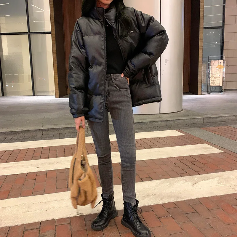New Black Faux Leather Jacket Parkas Winter Coat for Women Coats Bread Padded Jacket Warm Oversize PU Leather Coats Fashion