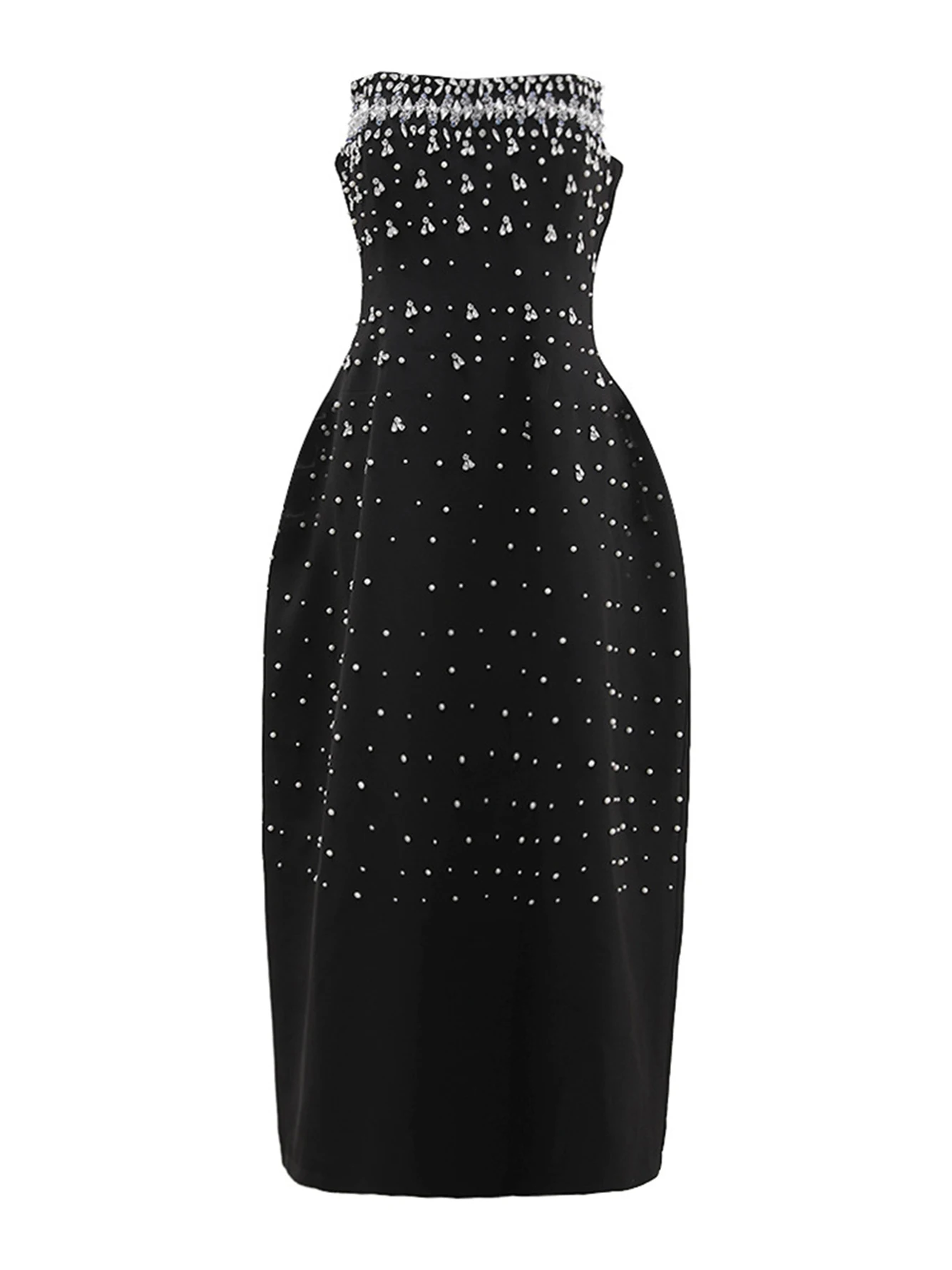 Женское черное платье-миди с открытой спиной без бретелек