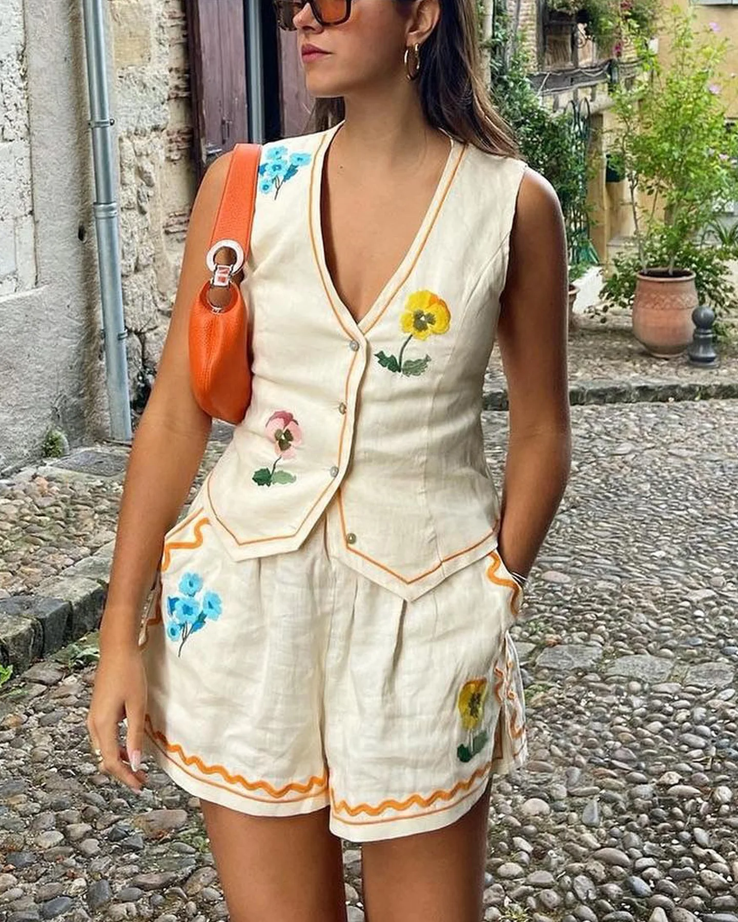 2024 летняя модная женская одежда с цветочным принтом жилет без рукавов на