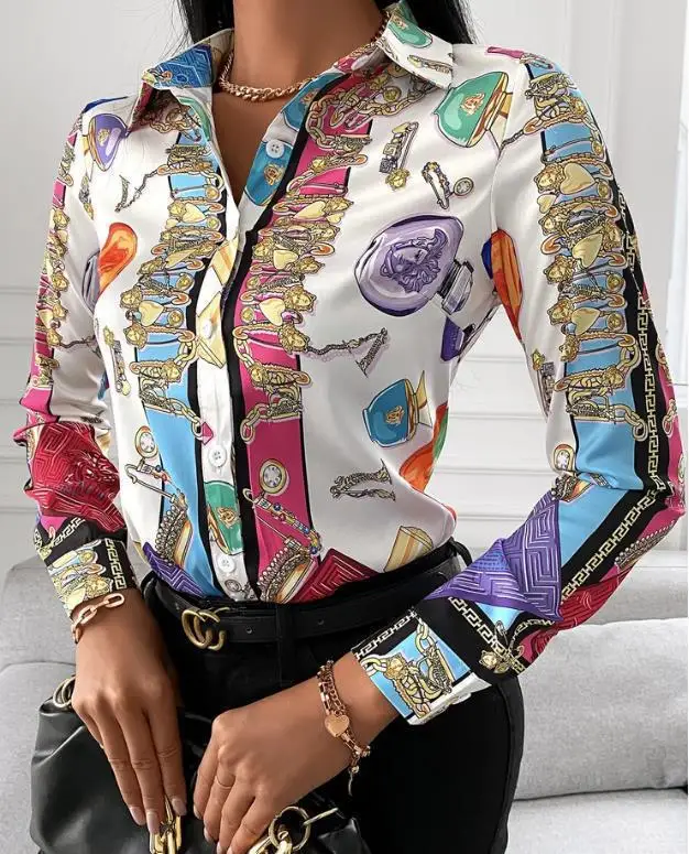 

2022 Summer Casual Women Workweear Turn-down Collar Plus Size Bottons Design Tops All Over Print V Neck Long Sleeve Shirt Ladies