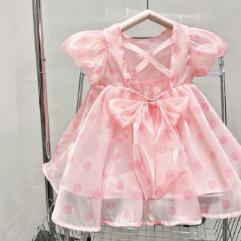 

Children Party Dress 2022 Summer New Sweet Puffy Short-Sleeve Big Bow Princess Dresses For Girls Pink Polka Dot Tulle Dress 2-6Y