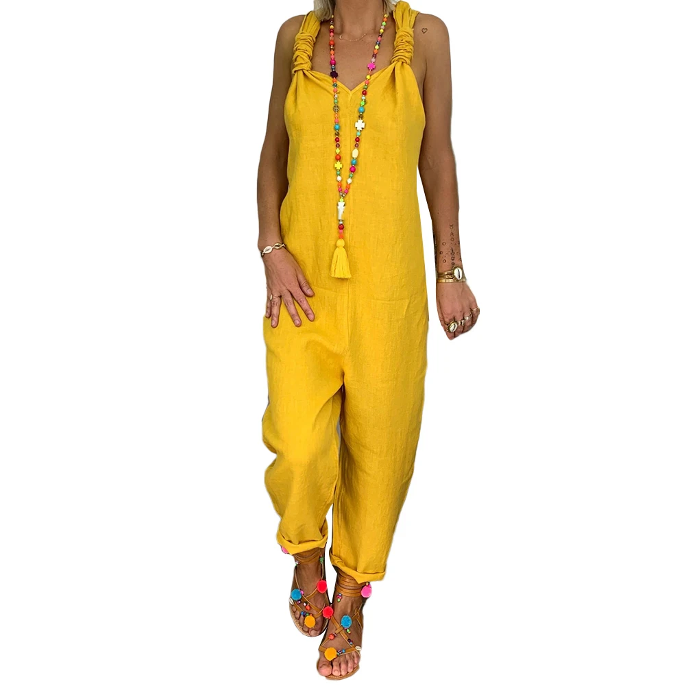 

Autumn Summer Women Jumpsuits Solid Color Bib Overall Sleeveless Backless Knotted Jumpsuit Dungarees Sleeveless Romper Overalls