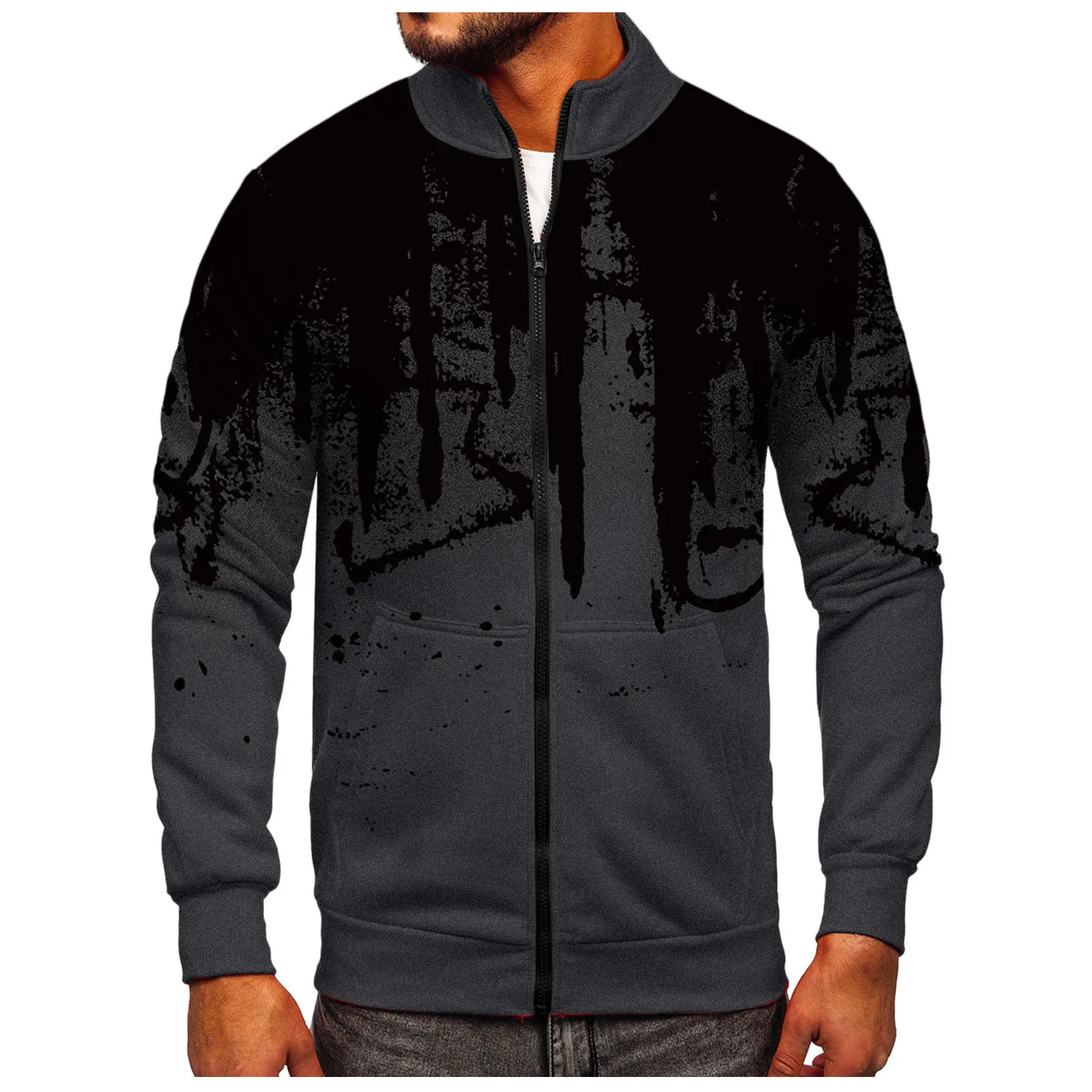 

Men's Fashion Warm Coat Jacket Splash-ink Stand-up Collar Casual Jackets Sports Zipper Loose Warm Sweatshirt Jackets