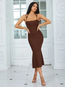 2022 Summer Brown Spaghetti Strap Bodycon Midi Bandage Dress Women Elegant Celebrity Evening Party Going Out Dresses