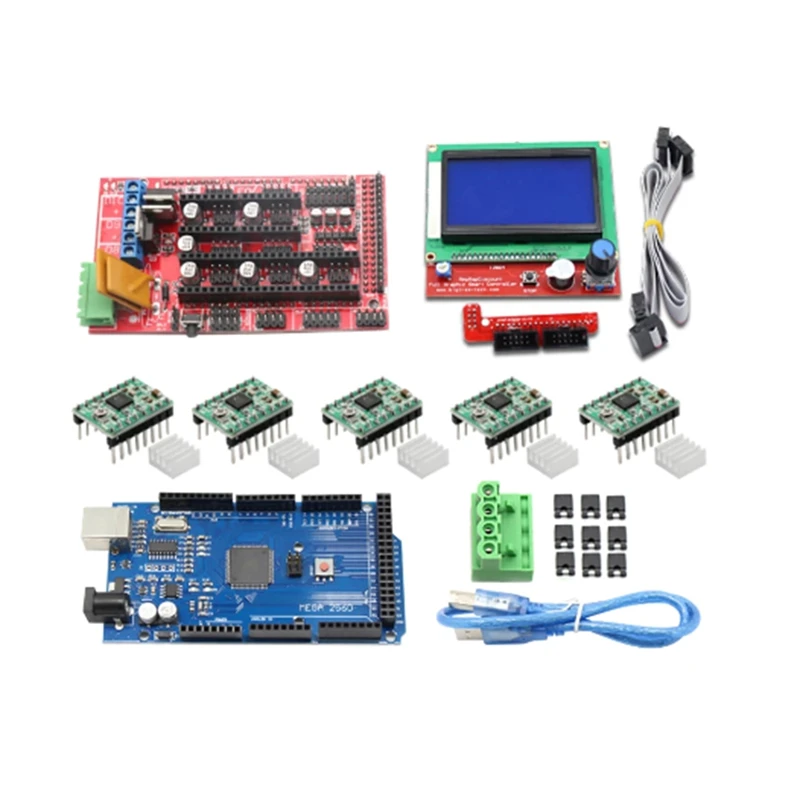 

Комплект для 3D-принтера Mega 2560 R3 + 1 шт. RAMPS 1.4 контроллер + 5 шт. A4988 модуль шагового драйвера RAMPS 1,4 2004 ЖК-управление