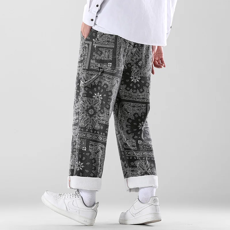 Streetwear Men's Printed Jeans 2021 Autumn New Korean Version Baggy Wide Leg Pants Denim Pants Male Brand Clothes