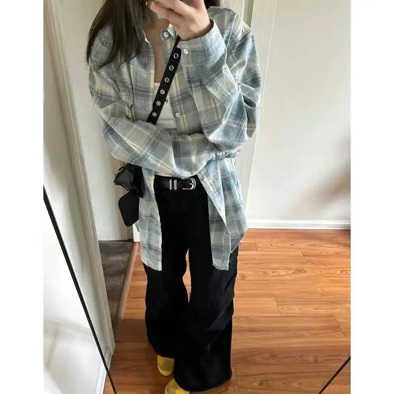 Женский кардиган с отложным воротником рубашка в клетку контрастных цветов