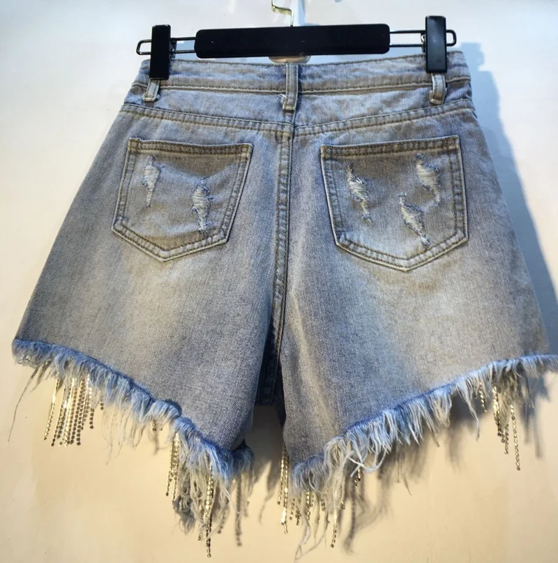 Fashion Rhinestone Heavy Tassels Nail Diamond Beads Korean High Waist Light Blue Denim Shorts Women Sexy Club Wear 2022 Summer