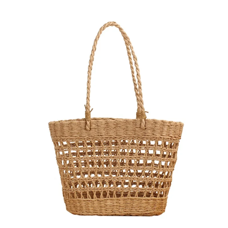 

Thorn Tree Women Beach Tote Bag Plain Woven Style Hollow-Out Open-Top Design Organizer Shoulder Pack, Large Capacity Bags