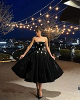 vintage black velvet princess prom dress strapless crystals shinning a line formal wedding party dresses tea length evening gown