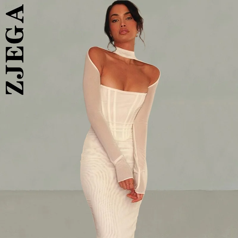 

Zjega Dress Fashion Strapless Long Sleeve Bodycon Midi Dresses Chic Club Robe Vintage Female Woman Clothes Vestidos