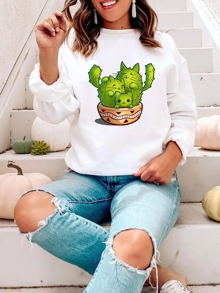 

Pullovers Fall Season Graphic Sweatshirts Print Cactus Plant Trend Casual Autumn Fashion Spring Female Women Regular Clothing