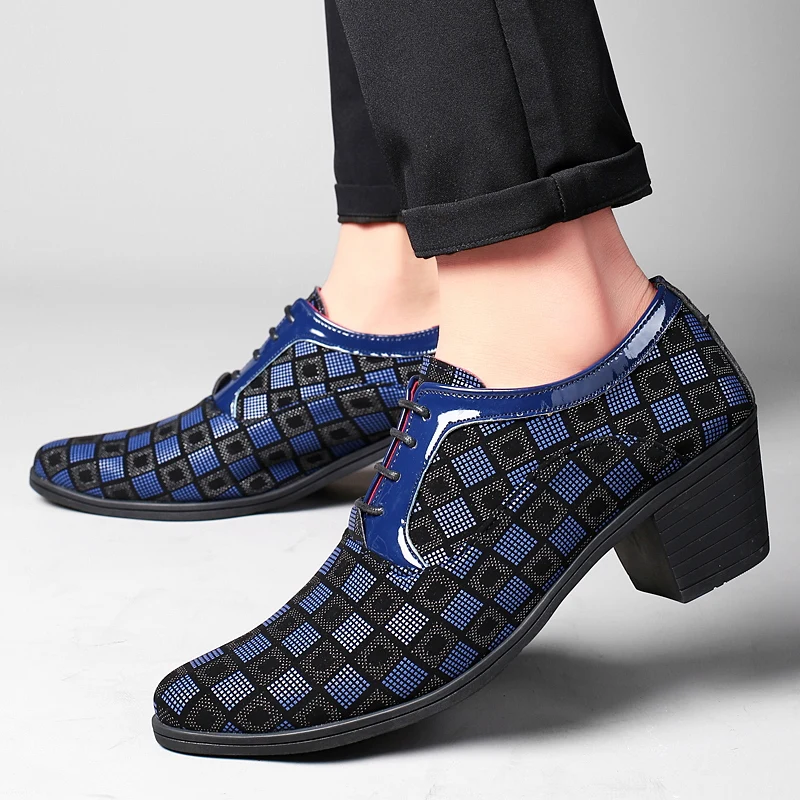 

Men Zapatos Hombre Vestir New Fashion Blue Plaid Men's High Heel Shoes Pointed Leather Dress Shoes Men Lace-up Wedding Shoes