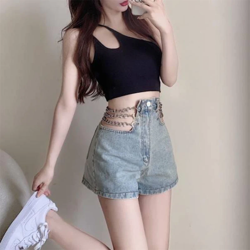Summer New Streetwear High Waist Chain Hollow Out Shorts Hipster Trend Fashion Y2K Loose Casual Short Pants Women's Clothing