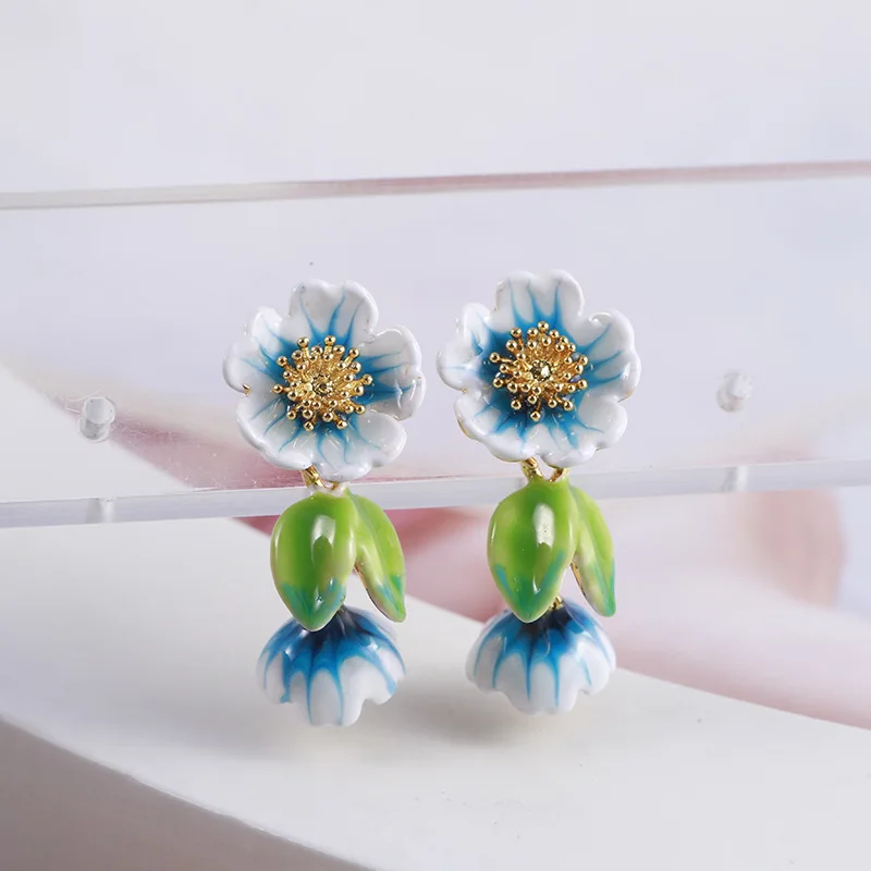 

Hand-painted enamel glaze romantic pastoral style beautiful rose orchid forest flower earrings