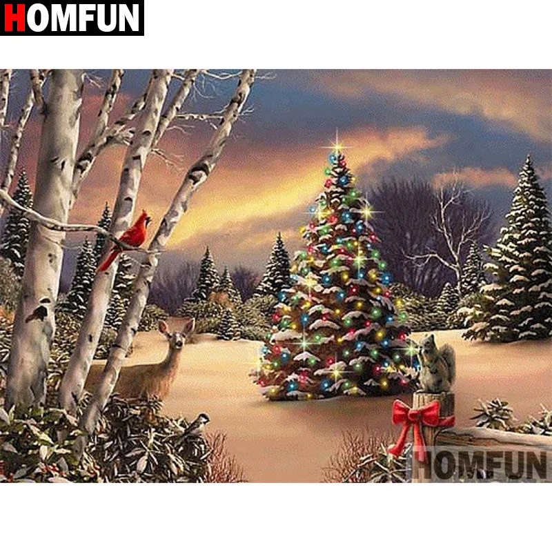 

HOMFUN DIY Diamond Painting "Scenery Pine Deer" Full Drill Square Round Diamond Embroidery 5D Cross Stitch Decoration Home