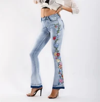 womens new street fashion washed retro heavy industry stereo 3d embroidery jeans long pants flared pants hot pants
