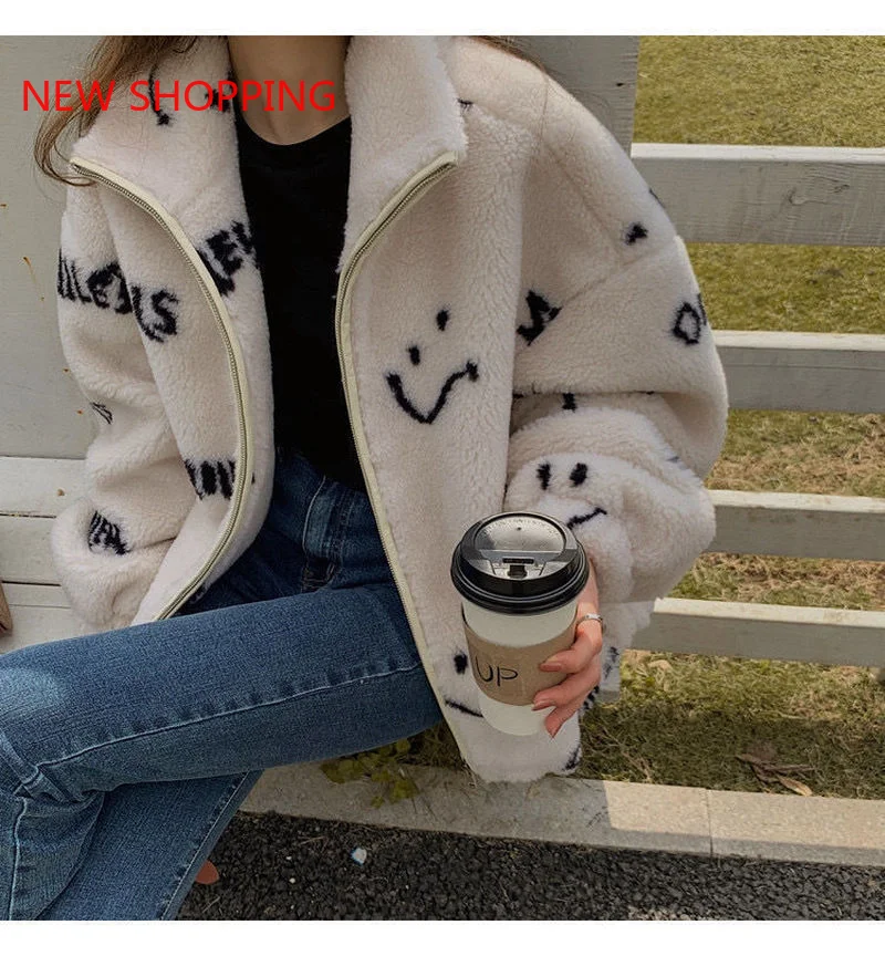 Oversized Faux Fur Woolen Warm Women Jacket Lamb Wool Winter Coat White Black 2022 Korean Chic Kawaii Parkas Stand Collar Coats