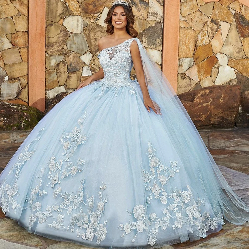 

LSYX Luxurious One Shoulder Backless Applique Party Ball Gown Elegant Sky Blue Quinceanera Dresses Layered Chiffon Lace Dress