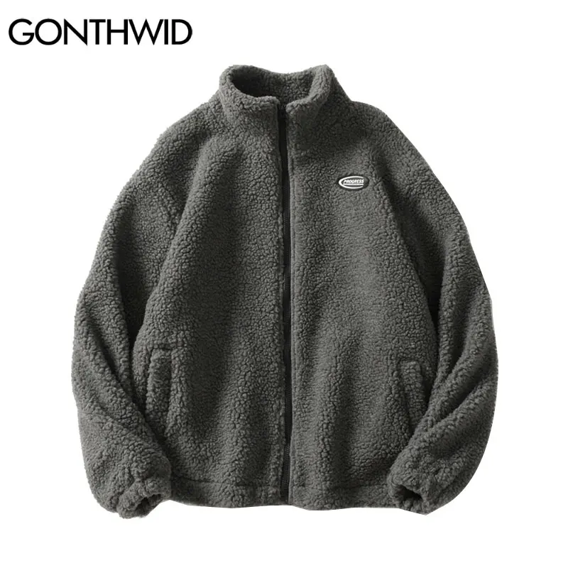 

GONTHWID Harajuku Streetwear Fleece Jackets Solid Color Casual Loose Full Zipper Coats Hip Hop Winter Fashion Loose Warm Tops