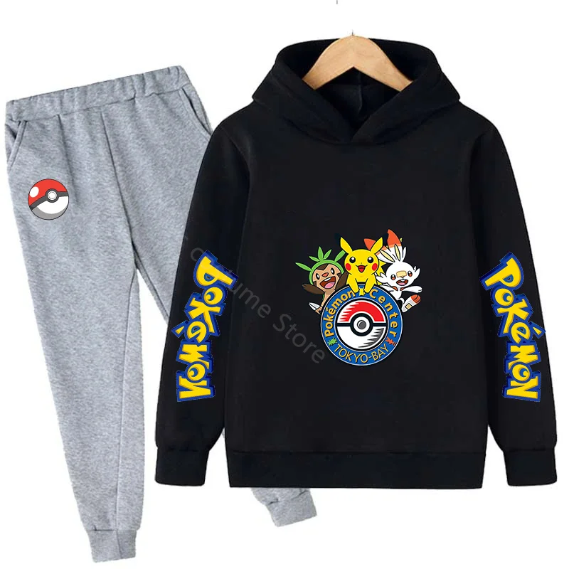 

Детские толстовки с капюшоном, одежда, аниме Покемон, весенне-осенний комплект с капюшоном для мальчиков и девочек, детский Модный пуловер в стиле Харадзюку, топы + брюки, Костюм Пикачу