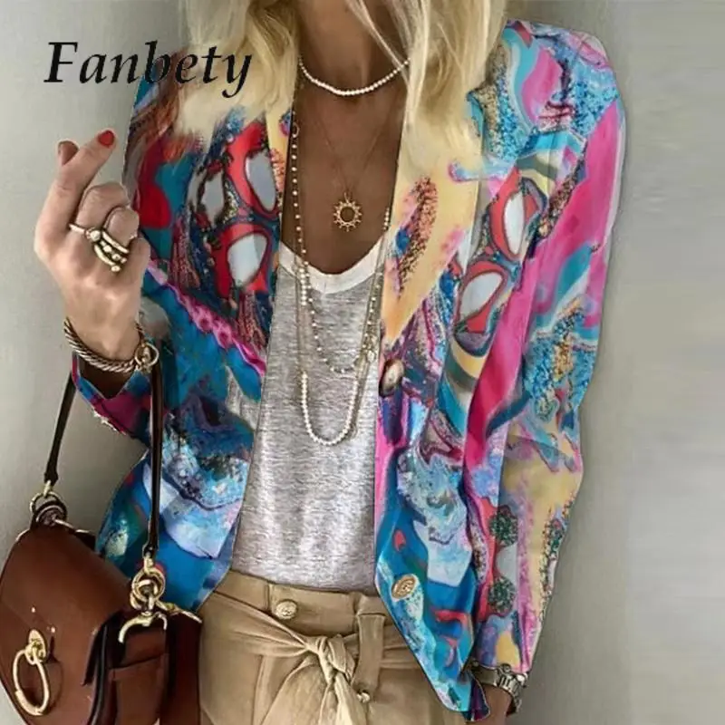 

Elegant Turn down Collar Single Breasted Cardigan Coats 2023 Casual Long Sleeve Blazer Women Fashion Printed Slim Jackets Tops