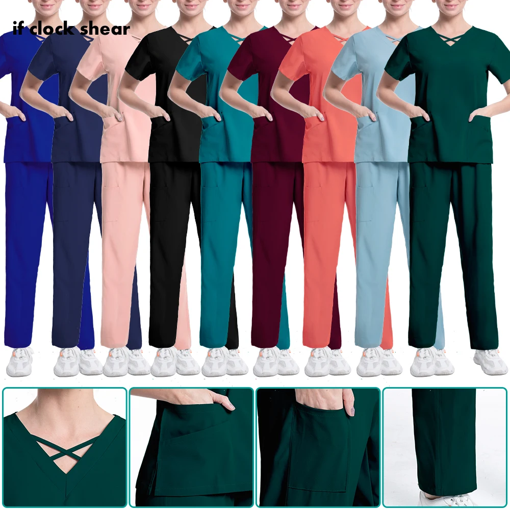 

Surgical Uniform Nurse Women's Short Sleeved Scrubs Medical Uniforms V-neck Pocket Care Worker Protective T-shirt Tops+pants Set