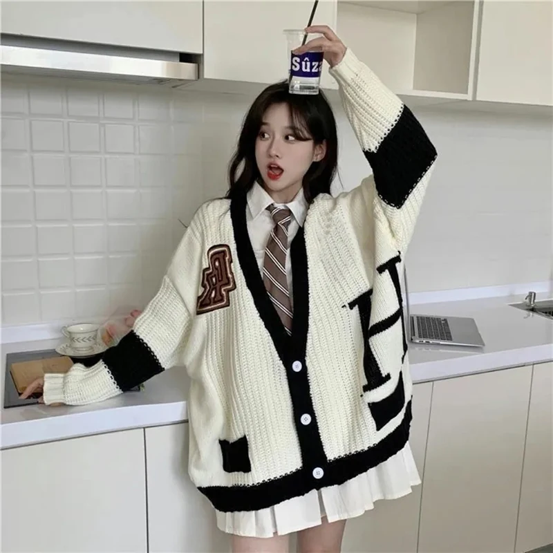 

Women Casual Knit Sweater V Neck Long Sleeve Winter Jumper College Korean Fashion Loose Cardigan Pull Femme Tops Vintage Clothes
