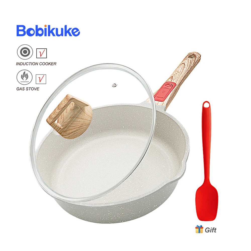 

Антипригарная сковорода BOBIKUKE с крышкой 24 см, сковорода для вок, кухонная посуда для кухни, прочное защитное Мраморное покрытие для газовой и индукционной плиты
