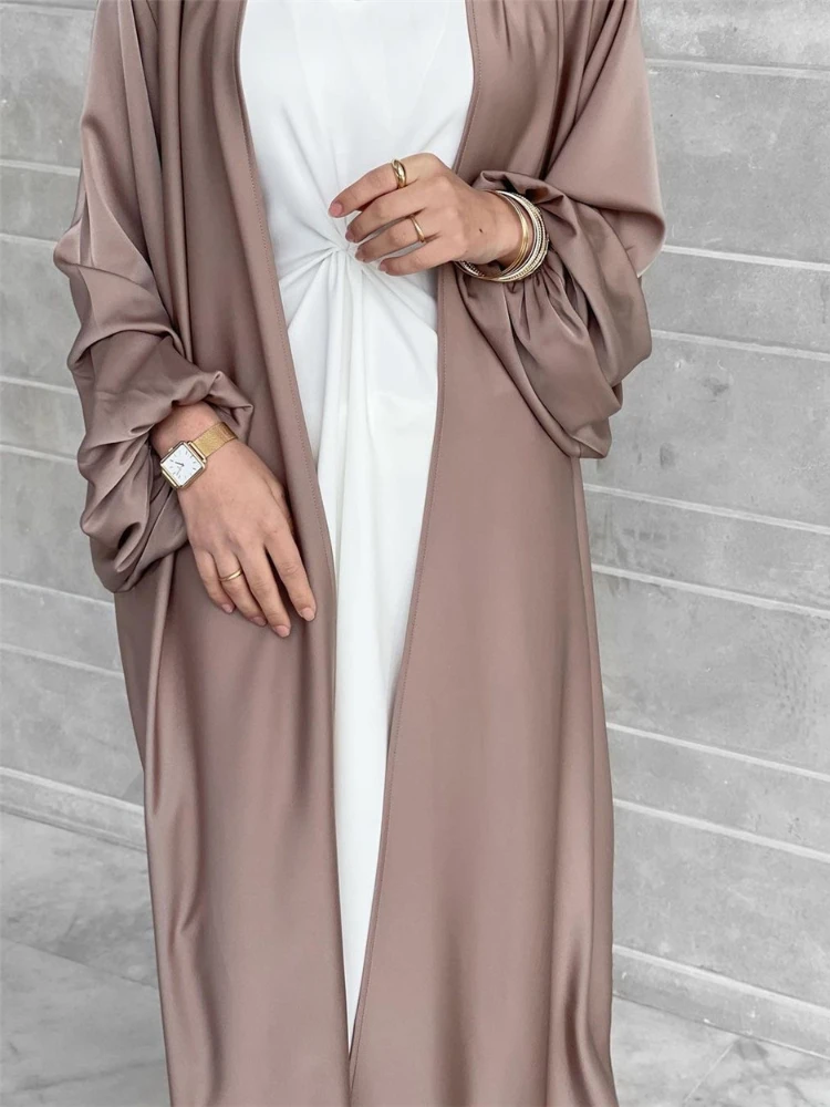 Fashion Kaftan Robe Satin Abaya Kimono Turkey Puff Sleeve Open Abayas for Women Dubai 2023 Muslim Hijab Dress Islam Ramadan Eid