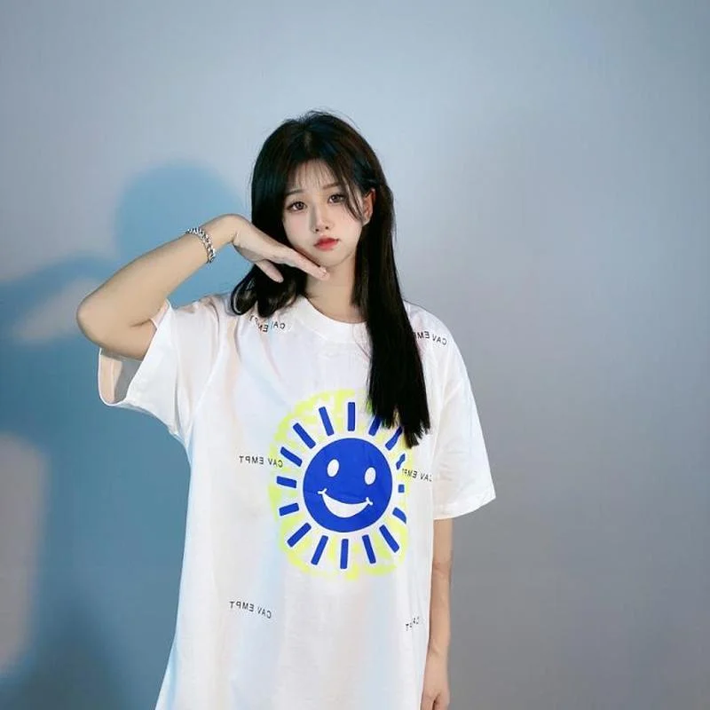 

22SS Smiley Sunflower Logo Print Cavempt T Shirt Men Women EU Size 100% Cotton Cavempt Top Tees Fashion Summer Hippie Clothes