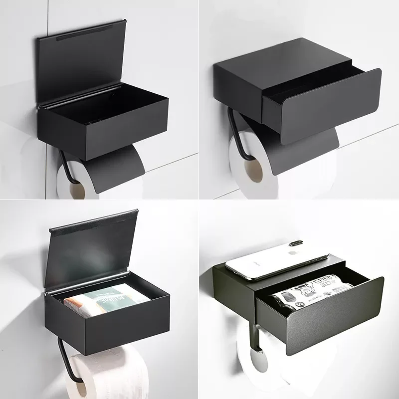 

Wall Mounted Black Toilet Paper Holder Tissue Box Roll Holder With Phone Storage Shelf Drawer Paper Box Bathroom Accessories