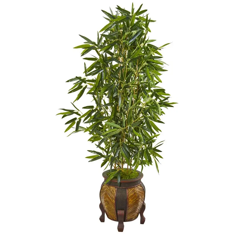 

Bamboo Artificial Tree in Decorative Planter (Real Touch), Green Bouquet wrapping paper Eucalyptus leaves Blue flowers artificia