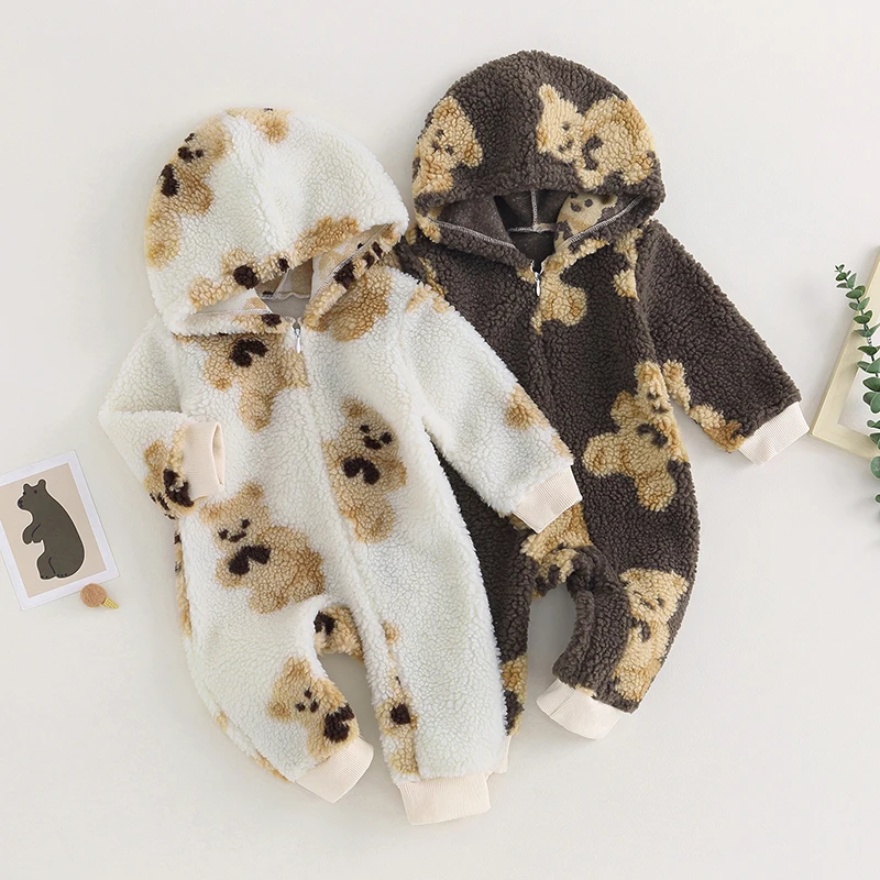 

EWODOS Toddler Baby Girls Autumn Winter Thicken Jumpsuit Rompers Casual Hooded Jumpsuit Long Sleeve Cartoon Bear Zipper Romper