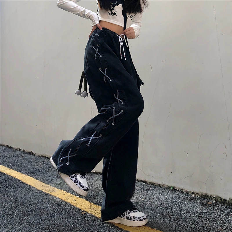 Hip-hop jeans men's and women's autumn and winter vibe fried street high street ins loose straight straps wide-leg pants