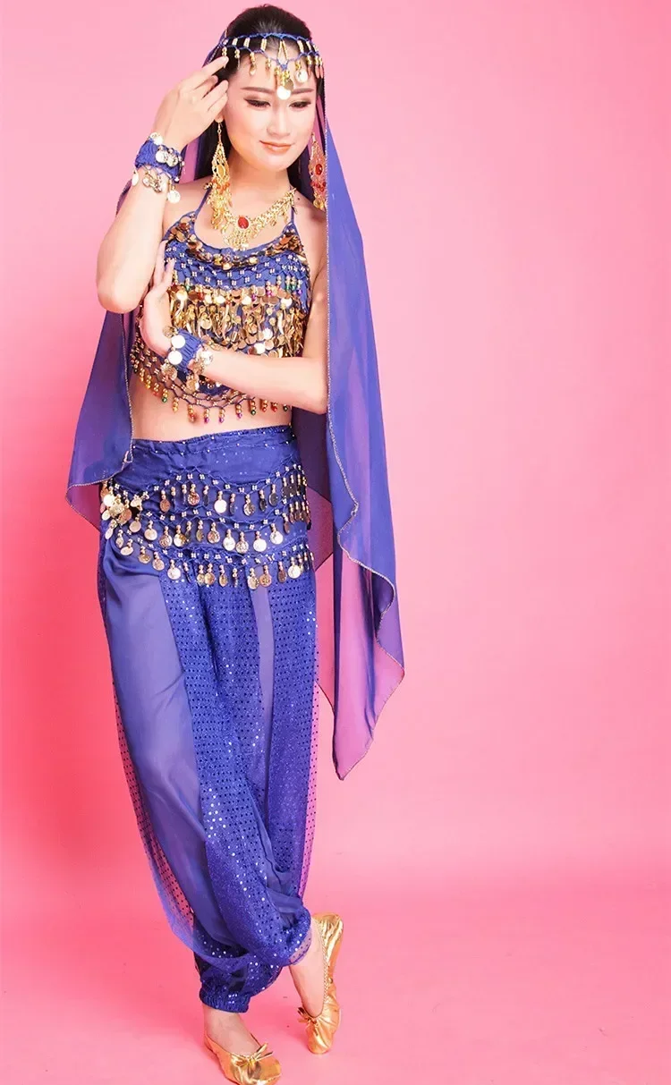 Брюки для танца живота + топ пояс женские костюмы комплект платье Болливуда ткань