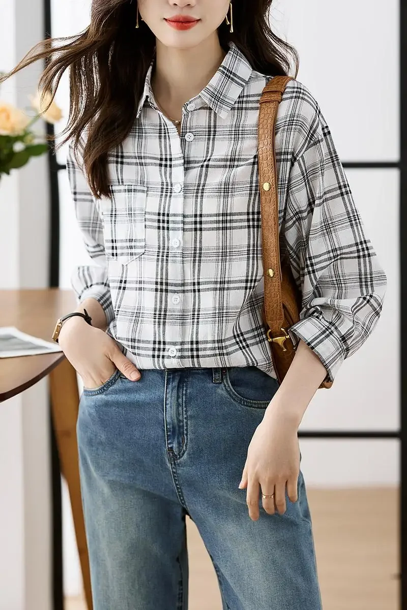 Женская шифоновая рубашка в клетку с рукавом