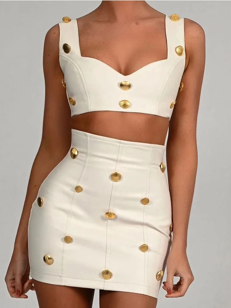 

BEVENCCEL Sexy New In Summer Women's Button Sleeveless Short Top PU Tight Mini Skirt White Celebrity Party 2 Piece Set 2023
