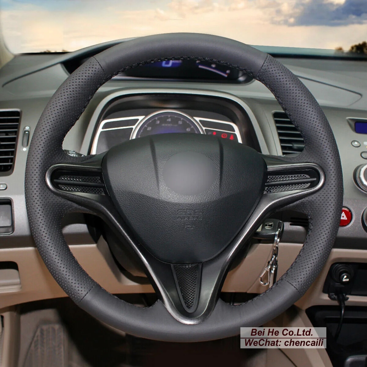 

Customized Non-slip Black Leather Suede Steering Wheel Cover Wrap For Honda Civic Civic 8 2006-2011 Interior Accessories