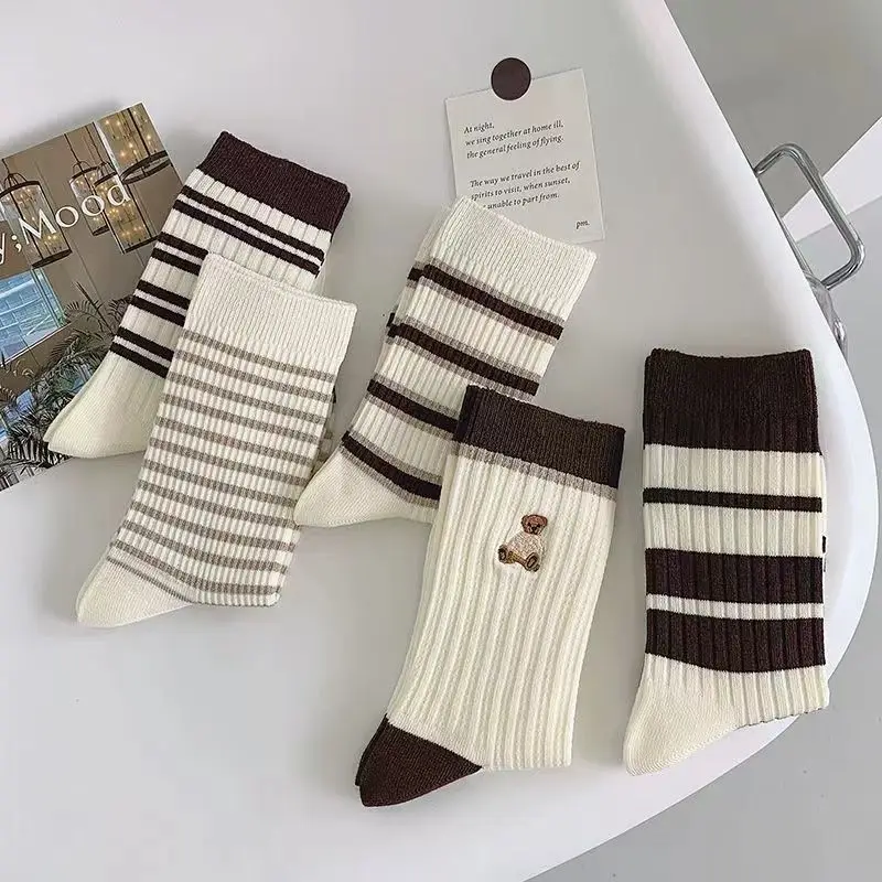 Yasuk All Season Women's Fashion Soft Print Flower All-Match Lovely Girl Casual Comfortable Socks 5Pcs Cotton Stripe Bear