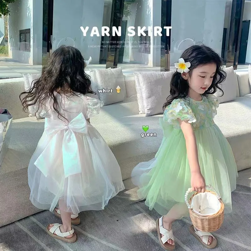 

Children's Girls' Summer Dress Flower Princess Birthday Party Dress Mesh Tutu Wedding Dress Children's Short Sleeve Dress Baby